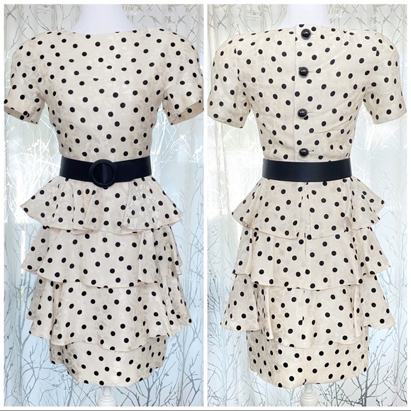 SCAASI BOUTIQUE Dresses & Skirts - Vintage 1980’s SCAASI Boutique white black polka dot ruffle button up back dress